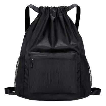 Waterproof Drawstring Backpack Gym Bag for Men Women, Lightweight Sports Cinch Sack with Front Pocket & Side Mesh Pockets, Large Capacity Durable String Bag for Gym Workout Travel Beach Swimming Black