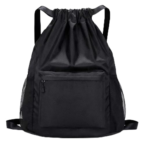 Waterproof Drawstring Backpack Gym Bag for Men Women, Lightweight Sports Cinch Sack with Front Pocket & Side Mesh Pockets, Large Capacity Durable String Bag for Gym Workout Travel Beach Swimming Black