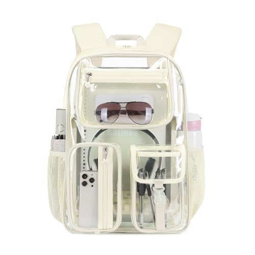 Cusangel Clear Backpack Heavy Duty Clear BookBag,16inch TPU Large Capacity See Through Backpack for Sport Events,Travel (beige) - color: Off-white