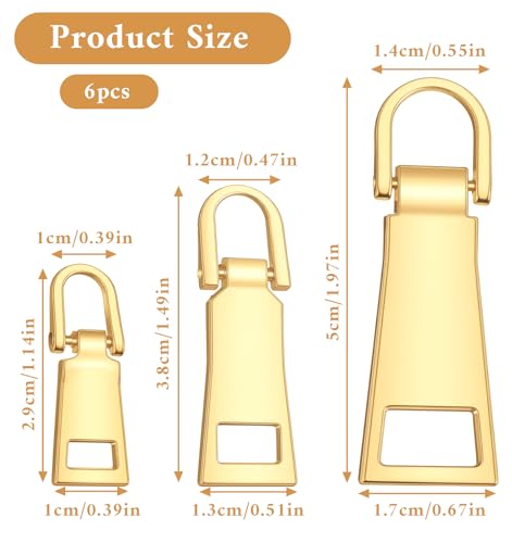6 Pcs Zipper Pull Replacement, Gold Zipper Pull for Luggage, Backpack, Jacket, Suitcase & Handbags, Durable Metal Zippers Slider Repair Kit (Small/Middle/Large)