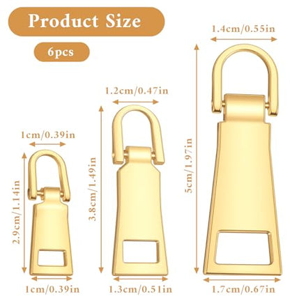 6 Pcs Zipper Pull Replacement, Gold Zipper Pull for Luggage, Backpack, Jacket, Suitcase & Handbags, Durable Metal Zippers Slider Repair Kit (Small/Middle/Large)
