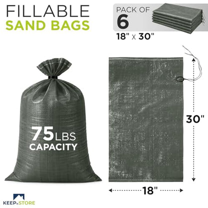 Heavy Duty Sand Bags Pack of 6, Army Green Empty Sandbags with Built-In Ties, Woven Polypropylene UV Protection 1600 Hours, Fillable Bags for Flood Control, Weight, 18x30 inches, 75 Pounds Volume - size: 18"W x 30"L, style: Pack of 6