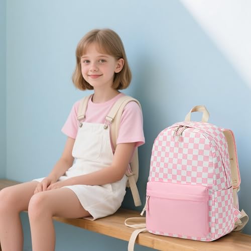 LEDAOU Kids Backpack for Girls Boys Preschool Kindergarten Elementary School Bookbag Toddler School Bag with Chest Strap - color: Pink Checkered