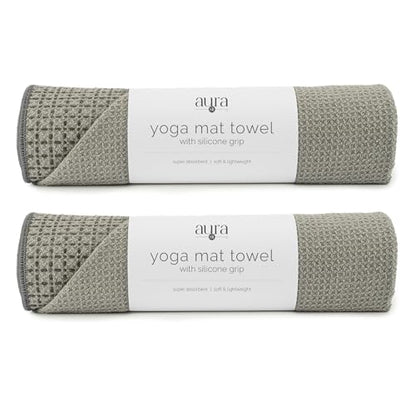 S&T INC. Aura Yoga Mat Towel with Non-Slip Grip, Enhanced Silicone Grip, Soft and Absorbent for Gym, Pilates, and Hot Yoga Mat, 2 Pack, 24 inches x 72 inches, 340GSM, Grey - color: Grey 2-pack