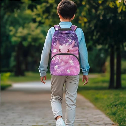 JEOCODY Axolotl Girls School Bag with Lunch Bag Pencil Case and Water Bottle Holder 4 PCS Backpack Accessories School Daypack Travel Bag Satchel Bagpack - color: Cherry Blossom Axolotl Printed