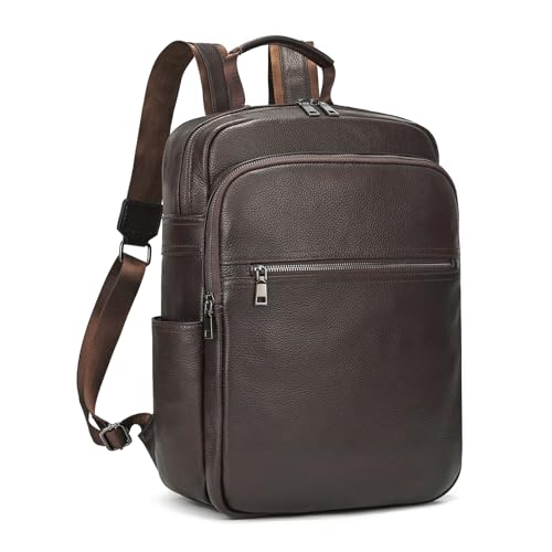 Genuine Leather 15.6 Inch Laptop Backpack for Men & Women, Business Commute Bag Daypack with Multi-Pockets for Travel Outdoor, Coffee Brown - color: Y80-17y-coffee