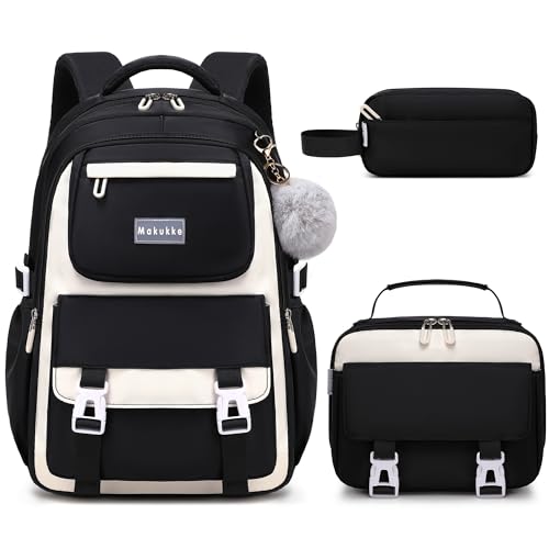 Makukke School Backpack for Girls Book Bag Set, School Bag for Teens Girls Kid Children Elementary Middle School Student, Waterproof Black Backpack - color: Black