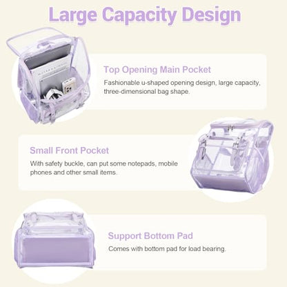 DIGOBAY Clear Backpack with Lunch Bag Set, Leather Clear Backpack Heavy Duty Thick PVC Bookbag Fashion See Through Transparent Backpacks with Support Pad for College Travel Work Purple - color: Purple1