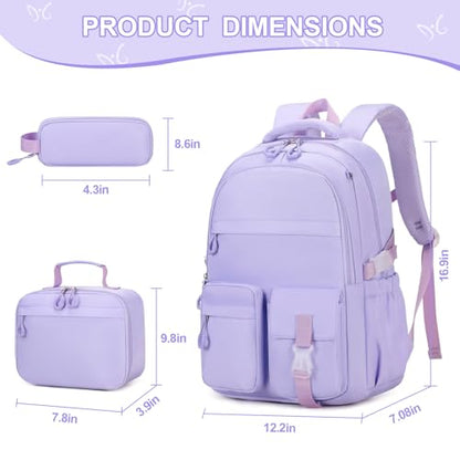 DIGOBAY 3PCS Girls Backpack for School, Kids Backpack for Girls with Lunch Bag Pencil Case, Kids Bookbag Teen Girl Backpacks for Elementary Middle High College School (Purple) - color: Purple