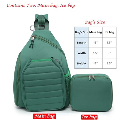 RAINBOW SMILE Sling Bag Crossbody Backpack for Pickleball Paddle Tennis Racketball Travel for Men and Women, with Ice Bag 2PS - color: Green