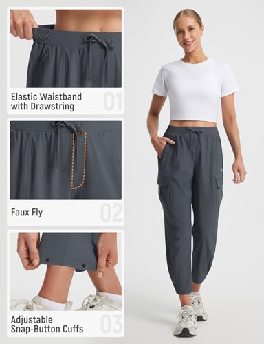 baleaf Women’s Petite Travel Hiking Pants Quick Dry Stretch Cargo Ankle Pants with Zipper Pockets - color: Dark Gray, size: Large