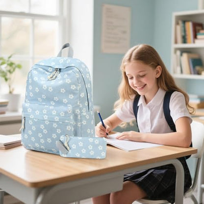 Bluboon School Backpack Set Girls Womens Laptop Bookbag Casual Daypack Fits 15 inch Laptop with Lunch Tote Bag and Pencil Bag - color: White Little Flower 95