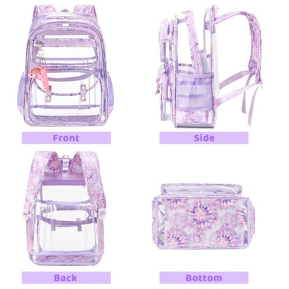 ACESAK Clear Backpack for Girls - 3 Pcs Clear Backpack Heavy Duty with Lunch Bag - See Through Bookbag Stadium Approved for Kids Middle High College School(Purple) - color: Purple