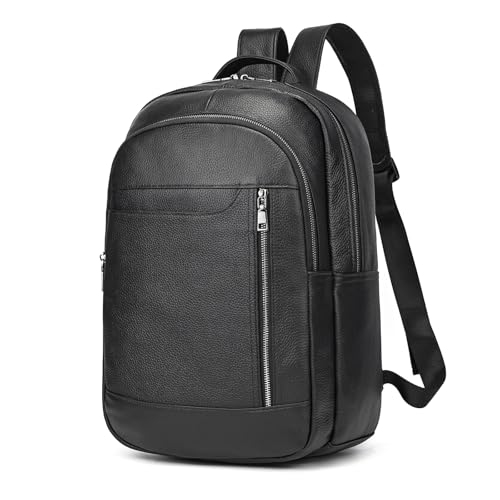 Large Capacity Black Leather Backpack for Men, 15.6 Inch Genuine Leather Laptop Backpack Business Travel Shoulder Daypacks - color: Y80&16y Black