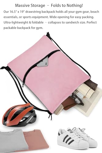 Water-Resistant String Bag for Women Men with Shoes Compartment and Zippered Pocket for Soccer, Basketball, Swim (Pink, 16.5 * 19 inches) - color: Pink