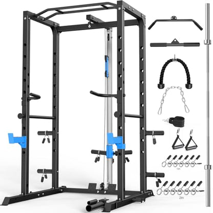 ULTRA FUEGO Power Cage, Multi-Functional Power Rack with J-Hooks, Dip Handles, Landmine Attachment and Optional Cable Pulley System for Home Gym - size: Power Cage with Pulley System and Olympic Bar