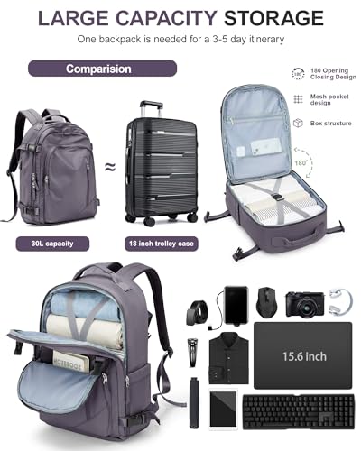 BJLFS Large Travel Backpack for Women Men,Carry On Backpack,Hiking Backpack Waterproof Outdoor Sports Rucksack Casual Work Gym Weekender Daypack Travel Essentials（simple, Purple）