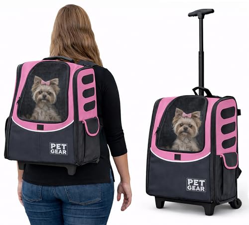 Pet Gear I-GO2 Roller Backpack, Medium Escort, Pink Diamond | Travel Carrier, Car Seat for Cats/Dogs, Mesh Ventilation, Telescoping Handle, Storage Pouch, Included Tether - color: Pink Diamond, size: Medium - Escort