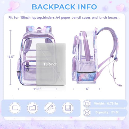 Sisipoet Clear Backpack for Girls with Starry Sky Print, Heavy Duty Transparent Bookbag for School, Stadium, and Concert, Purple - color: Purple/Starry