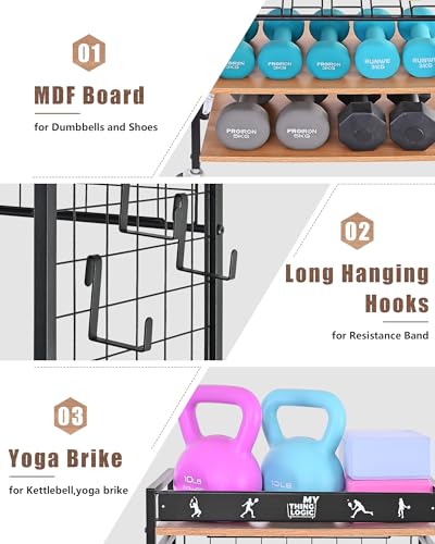 Mythinglogic Weight Rack for Dumbbells, Home Gym Storage for Yoga Mat Dumbbells Kettlebells and Strength Training Equipment, Dumbbell Rack with Wheels and Hanging Hooks - color: Black+Brown