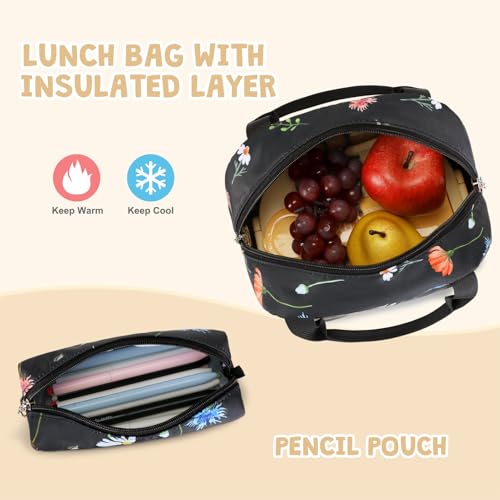 ACESAK Backpack for Girls - Girls Backpack with Lunch Bag & Pencil Pouch for Teen Kids Laptop Backpack for Women, Elementary Middle High School Bookbag Travel Daypack (Black Flower) - color: Black Flower