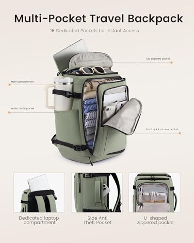 LOVEVOOK Travel Backpack for Women Men, 50L Large Capacity Travel Bag - color: Sage Green‑black, size: 50L-4Pcs