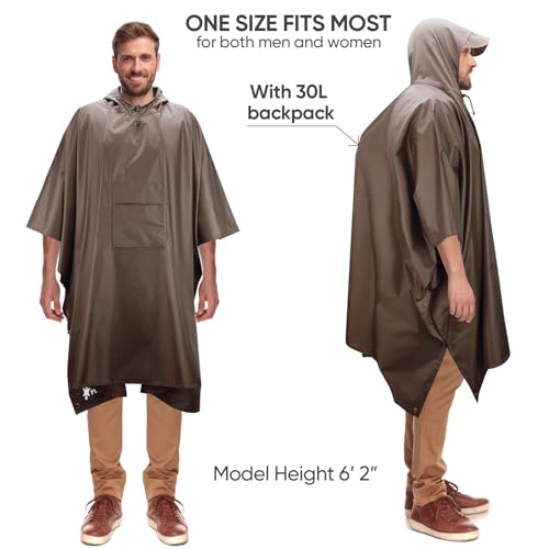 PTEROMY 3-in-1 Hooded Rain Poncho for Adult with Pocket, Waterproof Lightweight Unisex Raincoat for Hiking Camping Emergency - color: Brown