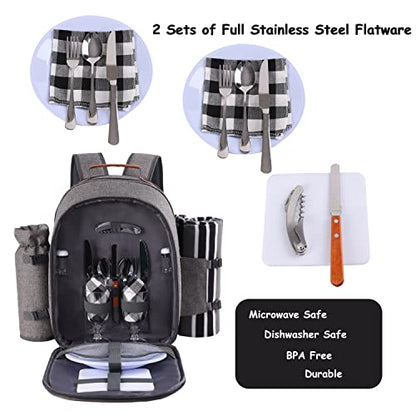 Apollo Walker Picnic Backpack Set for 2 Person with Cooler Compartment, Detachable Bottle/Wine Holder, Fleece Blanket, Plates and Cutlery Set - color: Lightgrey, size: 2 Person