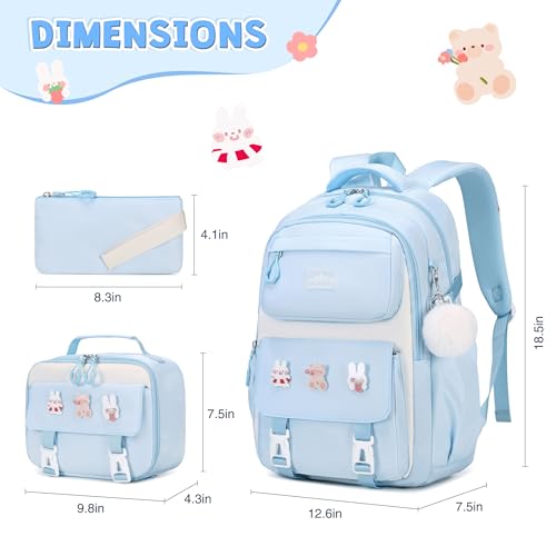 DIGOBAY 3PCS Girls Backpack for School, Kids Backpack for Girls with Lunch Box Pencil Case Set for Teen Girl Elementary Primary Middle High College School Bookbag with Cute Pins (Blue) - color: Blue