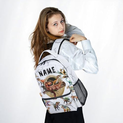 Boys Dinosaur Backpacks Custom Toddler Backpack, 17 Inch Personalized Kids Bookbag for Preschool Kindergarten Elementary Dinosaur-Themed School Bag with Adjustable Padded Straps - color: White