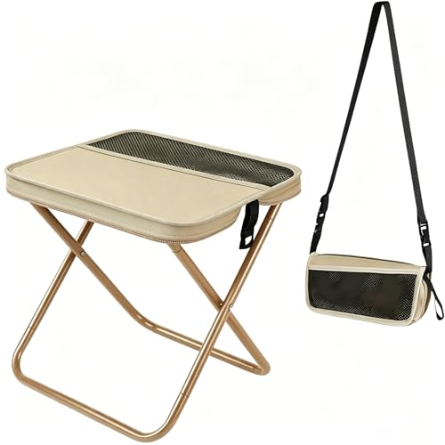 Foldable Backpack Stool, Folding Backpack Stool with Shoulder Strap & 2 Side Pockets, Collapsible Folding Stool for Camping, Fishing, Hiking, Travel & Outdoor (Khaki)