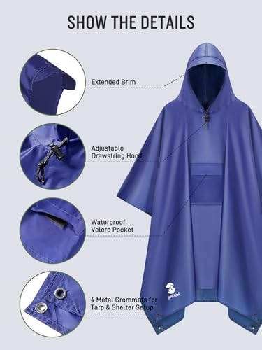 SaphiRose Extra Thick Hooded Rain Poncho Double Layer Waterproof Raincoat Jacket for Men Women Adults - color: Blue