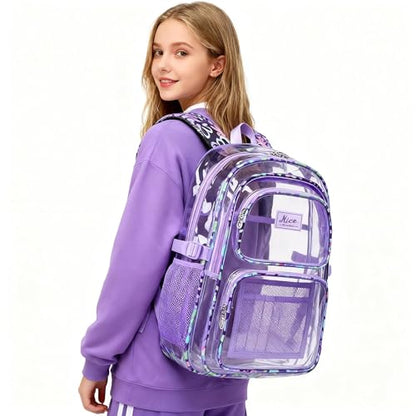 OKKID Purple Clear Backpack for Girls School Backpack Clear Bookbag Heavy Duty Transparent Backpack Kids See Through School Bags - color: Purple
