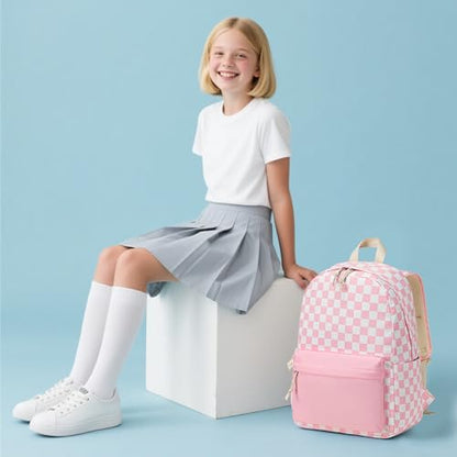 LEDAOU Kids Backpack for Girls Boys Preschool Kindergarten Elementary School Bookbag Toddler School Bag with Chest Strap - color: Pink Checkered