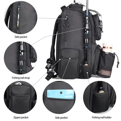 Fishing Tackle Backpack With Rod Holders, Large 40L Fishing Backpack for Camping, Hiking - style: 4 Tackle Boxes Included