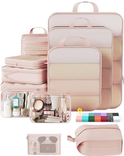 Veken 11-Pack Compression Packing Cubes for Travel Essentials,Compressible Expandable Large Luggage Suitcase Organizer Bags for Clothing,Durable Space Saver Bags with Toiletry Bags(Beige) - color: Beige, size: 11 set