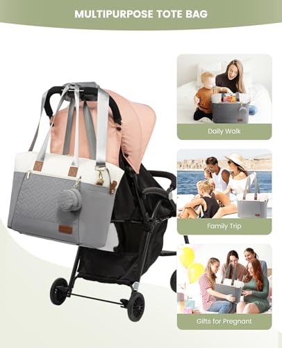 LOVEVOOK Diaper Bag Tote, Baby Diaper Bag Waterproof Travel Diaper Tote with Changing Pad - color: Gray/Beige/Brown