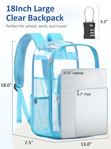 Extra Large Clear Backpack with TSA Lock, Heavy Duty Transparent See Through Clear Bookbag for College, Work, Travel, Casual Sport, Light Blue - color: Light Blue