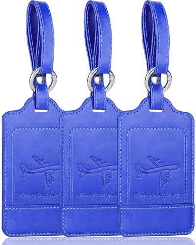 Teskyer Luggage Tags, 3 Pack Premium PU Leather Luggage Tags Privacy Protection Travel Bag Labels Suitcase Tags - color: Light Blue