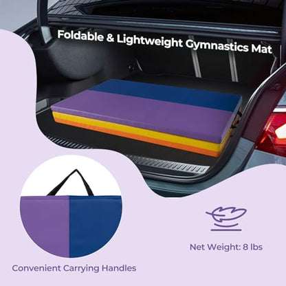 GYMAX Gymnastics Tumbling Mat, 6FT x 4FT Folding Thick Exercise Mat with Carrying Handles, Hook & Loop Fasteners, PU Leather Cover for Yoga, Stretching, Martial Arts