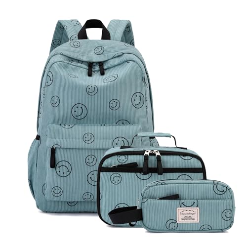 Tanweibago Backpack for Girls Boy Teen Corduroy Bookbags Elementary Middle High School Women Laptop Bag with Lunch Box Pencil Bag (Smile Green) - color: Smile Green