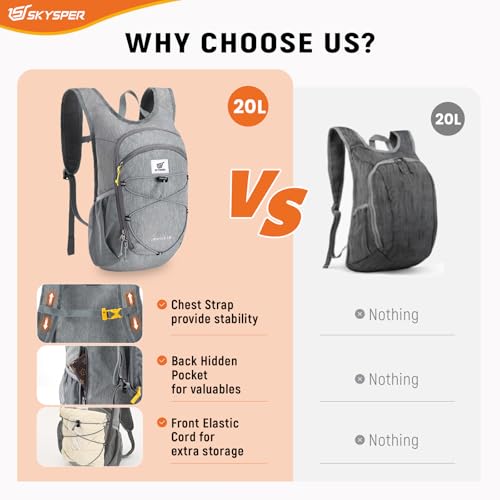 SKYSPER 15L/20L Foldable Hiking Backpack Lightweight Packable Travel Daypack with Chest Strap Small Folding Pack for Walking - color: Grey, size: 20l