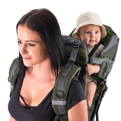Hiking Baby Carrier Backpack - Comfortable Toddler/Baby Backpack Carrier System with Diaper Change Pad, Insulated Pocket + Rain and Sun Hood to Protect Your Child - color: ArmyGreen/Grey