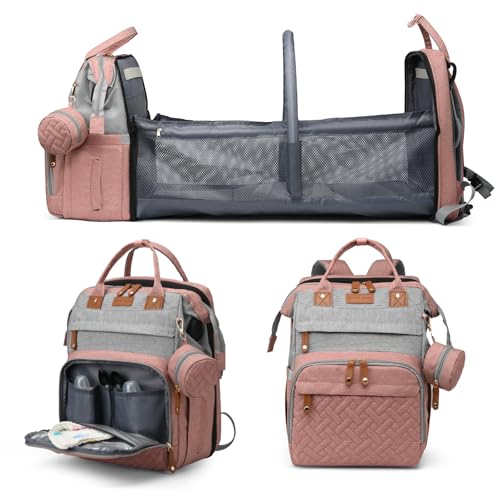 Jeryswet Baby Diaper Bags with Changing Station, Waterproof Large Capacity Diaper Bag Backpack for Moms Dads with USB Charging Port and Stroller Straps, Baby Shower Gifts, Pink-Grey - color: Grey-pink