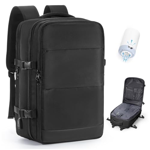 BOXSAM Vacuum Travel Backpack with Pump for Women Personal Item Carry on Backpacks 18x14x8 inches Flight Approved Laptop Waterproof Work Compression bags Casual Daypack Black - color: A1-black