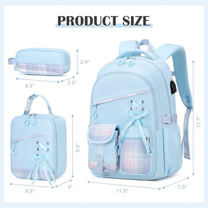 DIGOBAY Backpacks for Girls - 3PCS Girls Backpack with Lunch Box & Pencil Pouch Plaid School Backpacks for Elementary Middle High College School Bookbag for Teen Girl Kids Students Blue - color: Blueplaid