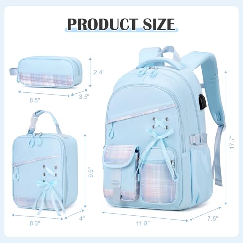 DIGOBAY Backpacks for Girls - 3PCS Girls Backpack with Lunch Box & Pencil Pouch Plaid School Backpacks for Elementary Middle High College School Bookbag for Teen Girl Kids Students Blue - color: Blueplaid