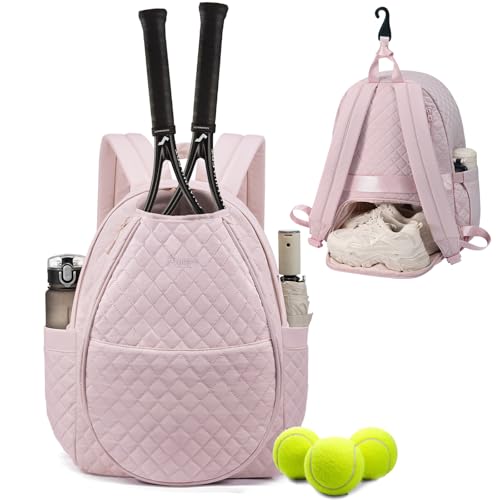 Sucipi Tennis Bags for Women, Quilted Tennis Racket Bag Backpack for Tennis Racquet, Pickleball Paddles, Badminton - color: Pink, size: Large with Shoe Compartment