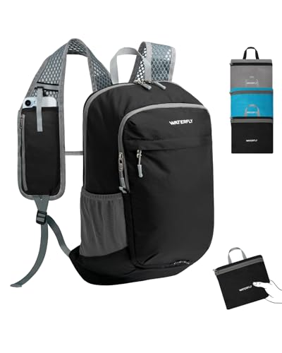 WATERFLY Packable Lightweight Small Backpack: 15L Foldable Mini Hiking Daypack - Ultralight Compact Day Pack for Women Men Outdoor Travel Camping Walking - Black - color: Black