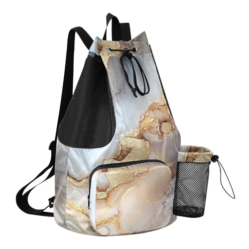 Drawstring Beach Backpack Sports Gym Bag With Inside Pockets String Swim Bag Dry Wet Separation Marble Beige Grey - color: Color 14
